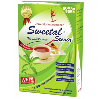 SWEETAL STEVIA ZERO CALORIE SWEETENER ( STEVIA 24 MG + ERYTHRITOL 976 MG ) 2 GM X 50 SACHETS NET WEIGHT 100 GM
